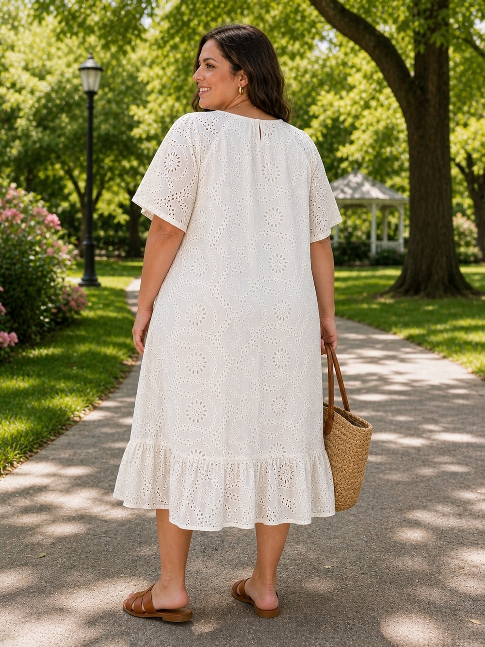 Ivory Eyelet Ruffle Hem Midi Dress